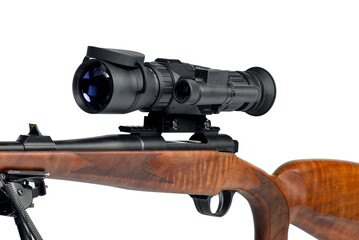 Weapon for hunting with a mounted optical sight, on a white background.