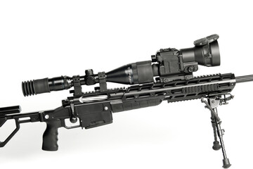 Weapon for hunting with a mounted optical sight, on a white background.
