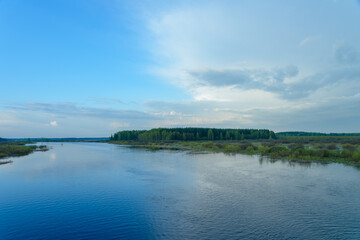 Summer landscape, river, fog, in the morning, with a beautiful sky, in an ecological place