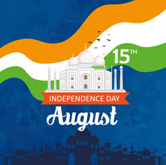 indian happy independence day, celebration 15 august, with taj mahal and decoration