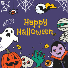 Cute Halloween greeting card with halloween cartoon characters