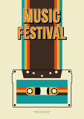 Music poster design template background with cassette tape and vintage stripe line