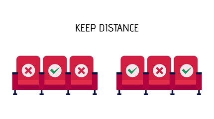 Need to sit in armchairs in the distance at the cinema. The scheme of seating in the cinema, isolation. Maintaining a safe social distance, protection against virus contagious. Vector in a flat style.