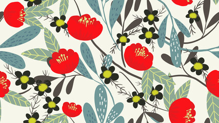 Seamless pattern, red Camellia and small flowers with leaves on white background