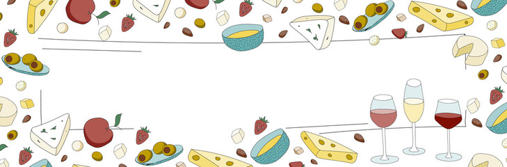 Wine glasses and appetizers. Doodle cartoon hipster style colored vector standard Internet banner illustration with free copy space for text. Bar restaurant menu or ads decor, poster or card