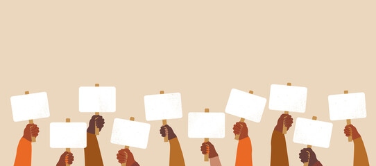 Black lives matter concept. crowd of people protesting for their rights. Holding posters in black hands, no racism banner vector illustration. Demonstration, revolution, protest raised arm fist