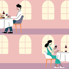 social distance in restaurant, people keep distance to avoid the spread of the coronavirus or covid 19