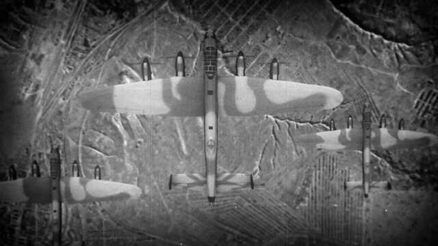 bombers fly over the ruined terrain and the city. World War II in the air.