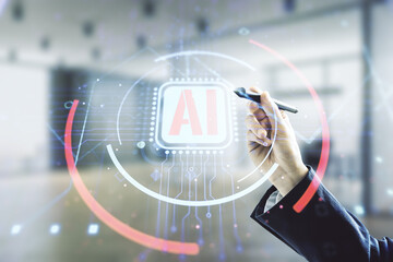 Double exposure of businessman hand with pen working with creative artificial Intelligence...