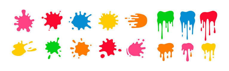 Paint splatter colorful set. Round splash flat collection, decorative shapes liquids. Different splashes and drops, cartoon spatters. Stain colored ink collection. Isolated vector illustration - obrazy, fototapety, plakaty