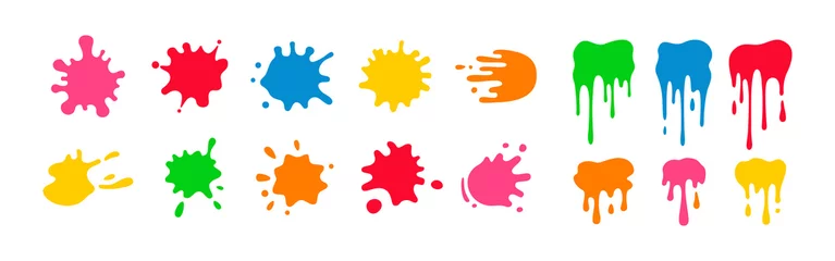 Poster Paint splatter colorful set. Round splash flat collection, decorative shapes liquids. Different splashes and drops, cartoon spatters. Stain colored ink collection. Isolated vector illustration © neliakott