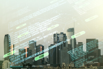 Abstract virtual coding concept on Los Angeles skyline background. Multiexposure