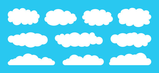 Cloud set flat cartoon style. Abstract elements, white cloudy collection. Label, symbol, shape different clouds sky. Symbol for website design, logo or app. Isolated on blue vector illustration
