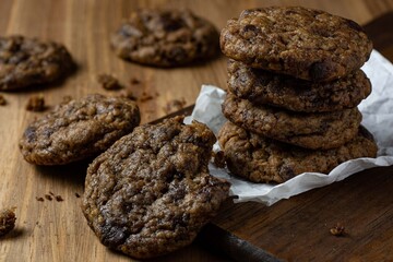 Chocolate chip cookies on wooden table. Chocolate Chip. Front view. close up