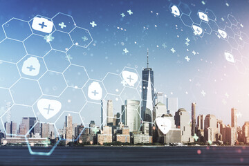 Abstract virtual medical illustration on New York city skyline background. Medicine and healthcare concept. Multiexposure