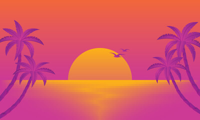Sunset landscape with palm trees on the beach. Beautiful summer in retro style.
