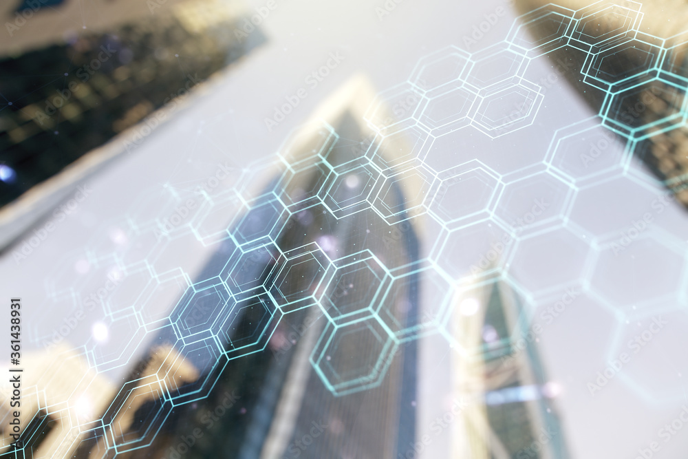 Poster double exposure of abstract virtual technology hologram with hexagon on modern skyscrapers backgroun