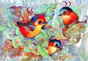 The three little cute birds in the jungle.Watercolor hand made illustration for greeting card,birds cartoon illust,nature illust,poster,banner,advertising,background,pattern,printing,wallpaper.