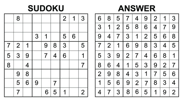 Vector sudoku with answer. Educational game with numbers for kids and leisure for adult on white background.