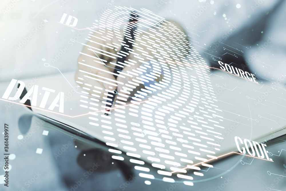 Aufkleber double exposure of abstract creative fingerprint hologram with man hand writing in notepad on backgr
