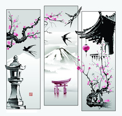 Toro's stone lantern, Sakura branches, Swallows and a paper lantern on the roof of the pagoda. Collage in oriental style. Printing with hieroglyphs - beauty, spring, harmony. Vector. © shark192009