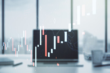 Multi exposure of abstract financial diagram on computer background, banking and accounting concept