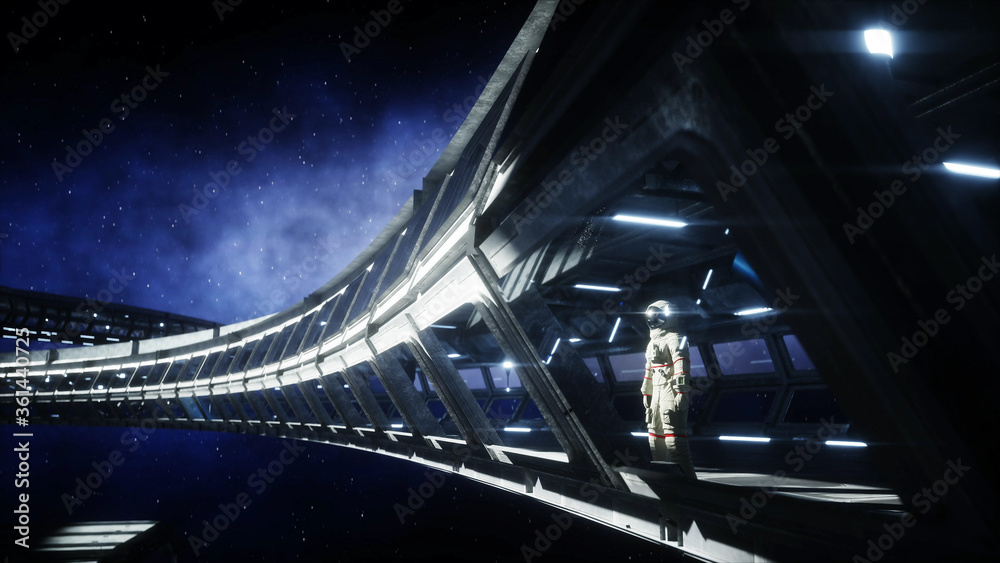Canvas Prints alone astronaut in futuristic space corridor, room. view of the earth. 3d rendering.
