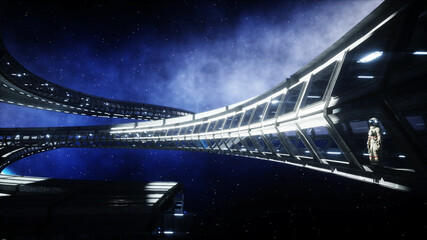 alone astronaut in futuristic space corridor, room. view of the earth. 3d rendering.
