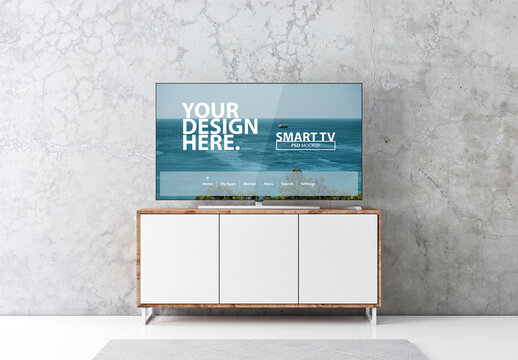 Smart TV Mockup on Wooden Console