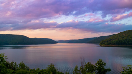 Sunset over the Allegheny reservoir, scenic lake overlook in the Pennsylvania mountains.
