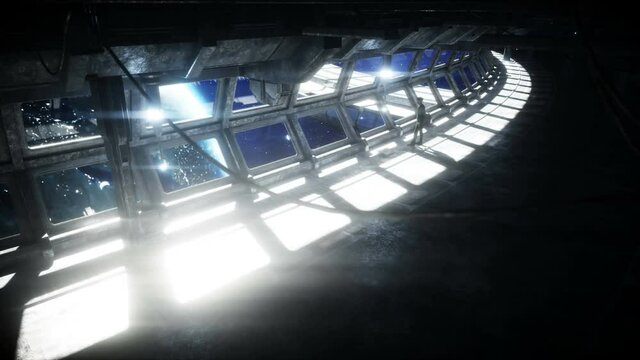 People in futuristic space corridor, room. view of the earth. cinematic 4k footage.