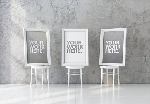 3 White Frames Mockup on Wooden Chairs