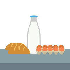 leche, huevos, pan, vector productos básicos de un desayuno fondo blanco