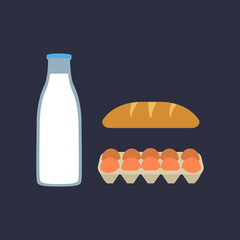 leche, huevos, pan, vector productos básicos de un desayuno elementos separados