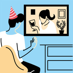 Man with party hat and screen in video chat vector design