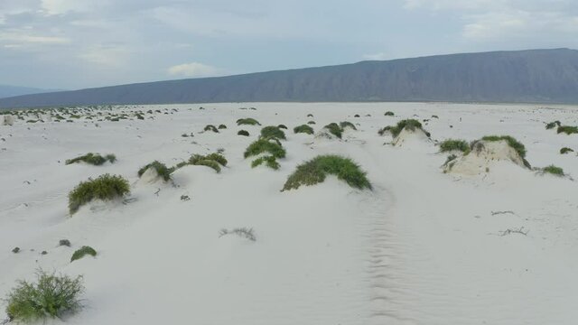 Aerial view of gypsum white sand dunes in protected area of Cuatro Cienegas Mexican desert, Coahuila