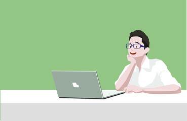 The character illustration who is using a laptop.