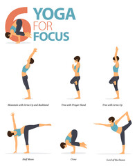 6 Yoga poses for workout in yoga for focus concept. Woman exercising for body stretching. Yoga posture or asana for fitness infographic. Flat cartoon vector.