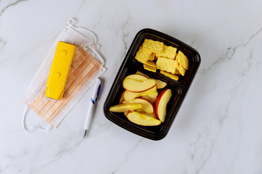 Ready Go To School. Healthy Lunch And Protective Face Masks.