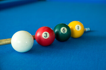 Balls of American Pool or Snooker billiard game any of various games played on blue flannel table