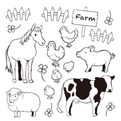 牧場の動物たちセットモノクロ線画