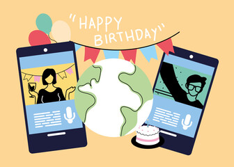 People on smartphones with world and cake vector design