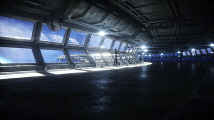 People in futuristic space corridor, room. view of the earth. 3d rendering.