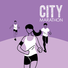Woman and men running and 10k city marathon vector design
