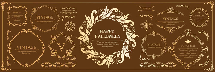 ハロウィンのフレーム素材、10月、アンティークな装飾、ビンテージな模様、植物のツタ