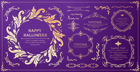 ハロウィンのフレーム素材、10月、アンティークな装飾、ビンテージな模様、植物のツタ