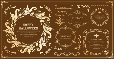 ハロウィンのフレーム素材、10月、アンティークな装飾、ビンテージな模様、植物のツタ