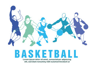 Basketball players men with balls in blue silhouettes vector design