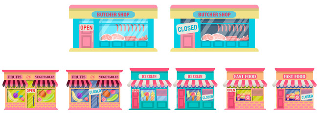 Set of food stores.Butcher shop, fast food, fruit, vegetables, ice cream. facades are open and closed. Collection of store facades isolated on a white background.Vector illustration in flat style