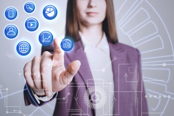 Fototapeta na wymiar Data management system. Woman pointing at virtual icon on grey background